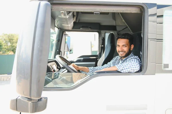 Young Indian Truck Driver Sitting Steering Wheel Cabin — Stock Photo, Image