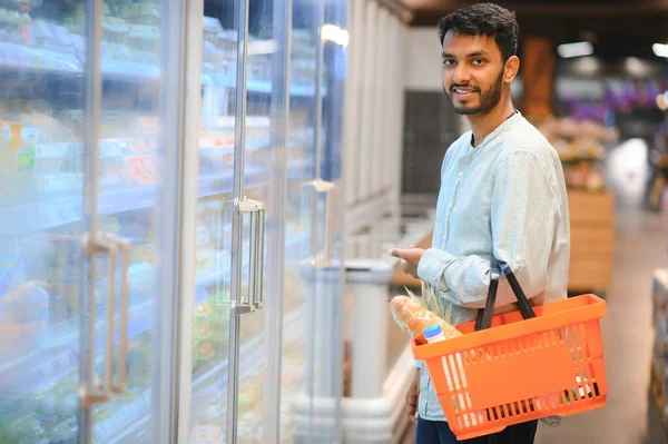 Portrait Happy Indian Man Standing Front Product Counter Grocery Store — Stock Photo, Image