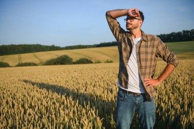 Buğday tarlasında çiftçi portresi.