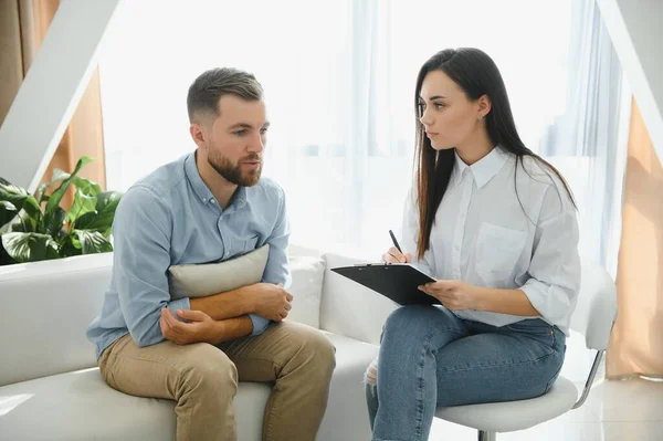 Psychologist Talking Patient Therapy Session Depressed Man Speaking Therapist While — Stockfoto