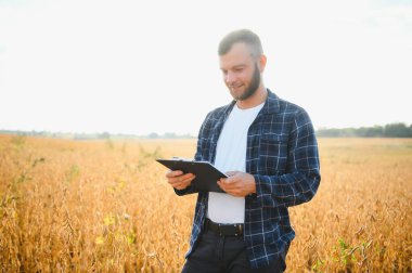 Genç tarımcı soya tarlasında tablet dokunmatik ped bilgisayarını tutuyor ve hasat etmeden önce ekinleri inceliyor. Tarım sektörü konsepti. Soya tarlasında elinde tabletle duran tarım mühendisi.
