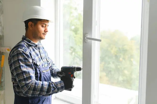 Indian Workman Overalls Installing Adjusting Plastic Windows Living Room Home — Stock Photo, Image