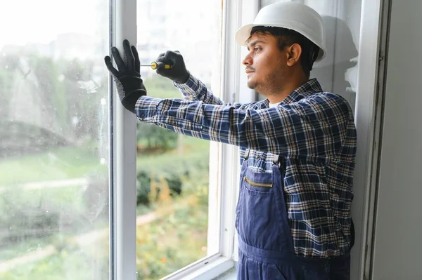 Indian Workman Overalls Installing Adjusting Plastic Windows Living Room Home — Stock Photo, Image
