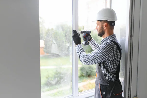 Workman Overalls Installing Adjusting Plastic Windows Living Room Home — Stock Photo, Image