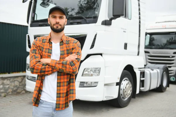 Portrait Young Bearded Trucker Standing His Truck Vehicle Transportation Service Stock Image