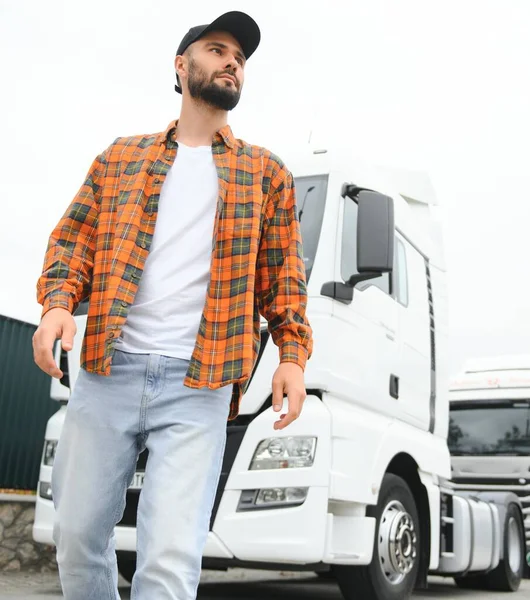 Portrait Young Bearded Trucker Standing His Truck Vehicle Transportation Service Royalty Free Stock Photos