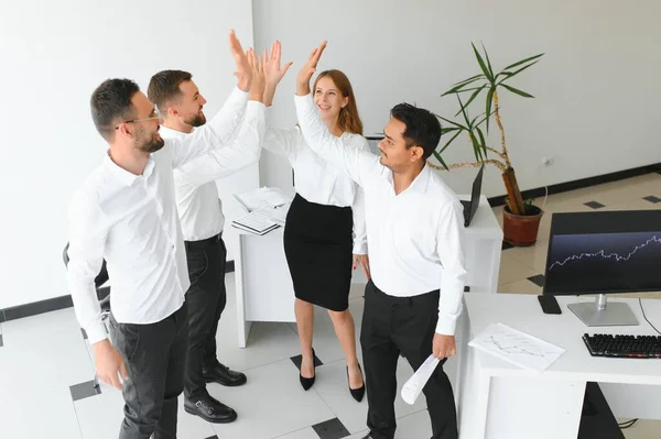 Happy Successful Multi Rasial Business Team Giving High Five Gesture — Stok Foto
