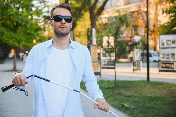 Young Handsome Blinded Man Walking Stick Town Stock Image