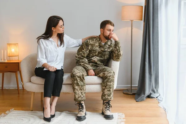 stock image Psychologist supporting military officer in office, closeup