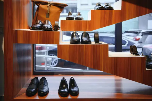 Men's shoes on display in a shoe store.