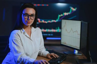 Finansal Analizci, Gerçek zamanlı Hisse Senedi ile Çoklu İzleyici Çalışma İstasyonu ile bir bilgisayar üzerinde çalışıyor.