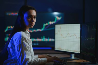 Finansal Analizci, Gerçek zamanlı Hisse Senedi ile Çoklu İzleyici Çalışma İstasyonu ile bir bilgisayar üzerinde çalışıyor.