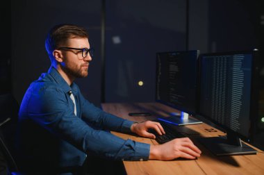 Ofiste masa başında çalışan programcı.