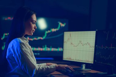 Finansal Analizci, Gerçek zamanlı Hisse Senedi ile Çoklu İzleyici Çalışma İstasyonu ile bir bilgisayar üzerinde çalışıyor.