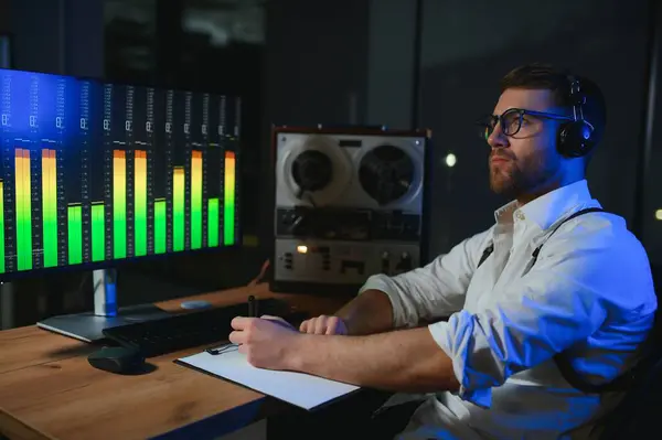 Gizli ajan kayıt cihazını dinliyormuş. Memur kulaklıkla dinleme yapıyor. Muhabbet casusluğu. İstihbarat toplama. Casusluk konsepti.