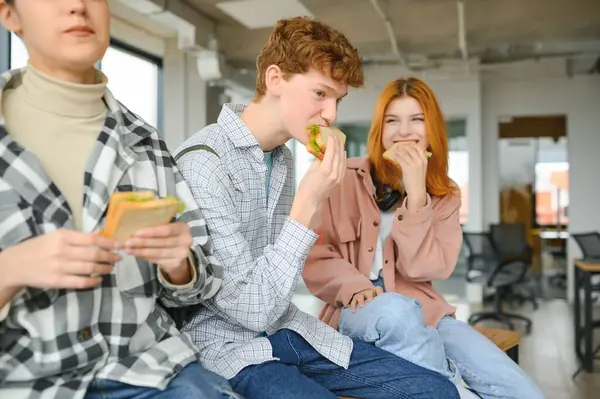 Bir grup genç öğrenci öğle yemeği molası verip sandviç yiyorlar..
