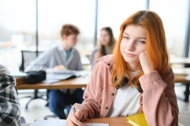 Öğrenciler sınıfta oturuyor, çalışıyor, tartışıyorlar..