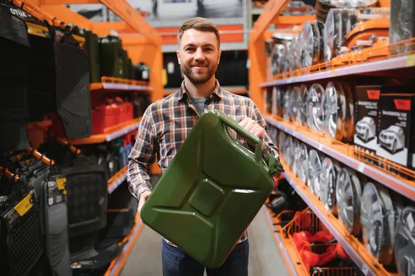 Male Customer Stands Auto Parts Store Jerry Can Stock Photo