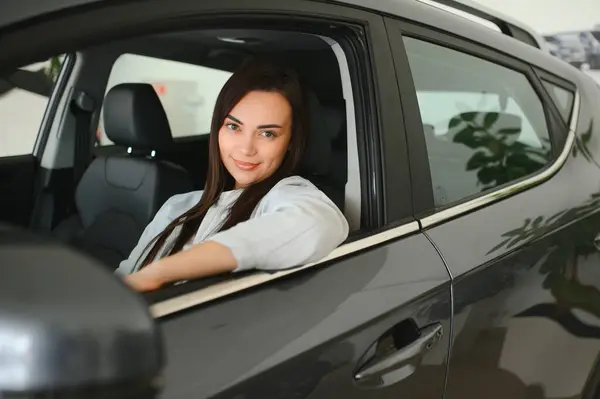Happy woman driving a car and smiling. Cute young success happy brunette woman is driving a car. Portrait of happy female driver steering car with safety belt
