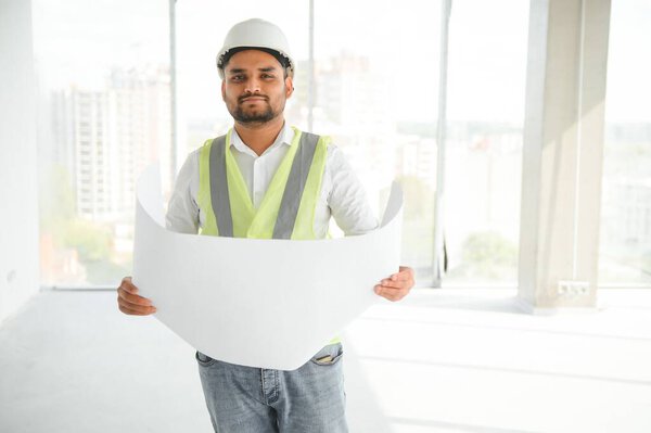 Portrait Happy Young Handsome Indian Male Civil Engineer Architect Wearing Stock Image