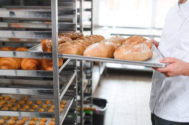 Erkek baker bir tepsi fırında ekmek fırını dükkanında holding.