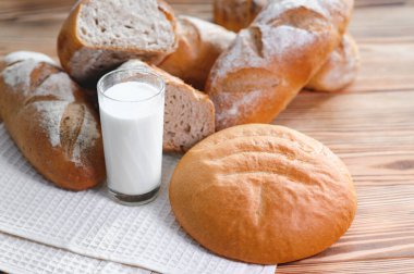 Yuvarlak ekmek yakın plan. Fırın raflarında altın hamurlu taze ekşi ekmek. Lezzetli ekmekle birlikte fırın içeriği. Hamur işleri.