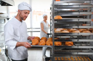 Baker holding tepsi ile ekmek fırınları taze pişmiş kruvasanlar gülümseyen.