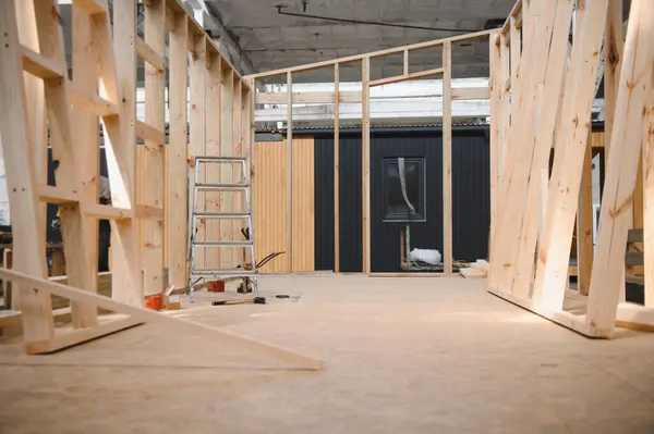 stock image Workshop for the production of wooden modular houses.