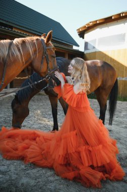 young woman in a dress with a horse.