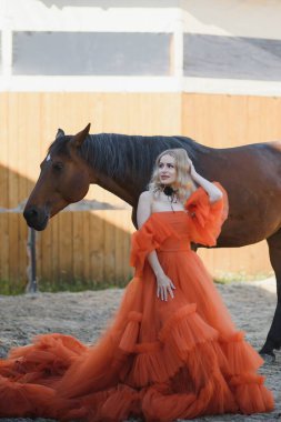 young woman in a dress with a horse.