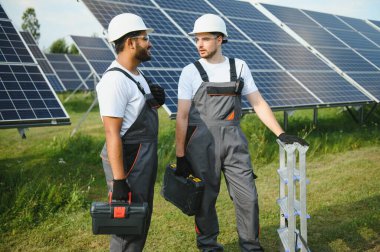 İki mühendisden oluşan bir ekip bir güneş enerjisi istasyonuna güneş panelleri kurmaya çalışıyor. Mühendis ekibi güneş pilleri kurma işini tartışıyor.