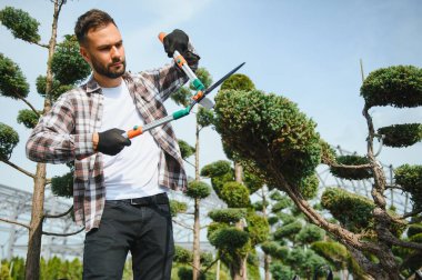 Genç yakışıklı bir bahçıvanın portresi. Ağaç filizleri dükkânı