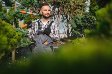 Çalıların, çalıların, ağaçların ve diğer bitkilerin görünümünü korumak için Pruning Works. Profesyonel Bahçe Düzenleyicisi Bahçe Makaslarıyla Fazla Büyümüş Sprigleri ve Yaprakları Kesiyor.