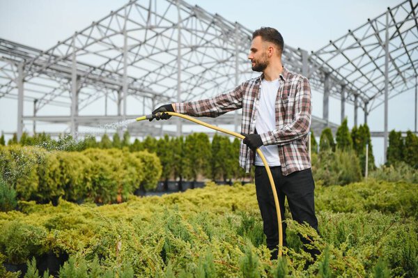 Молодой садовник поливает растения с душевой головой и шлангом.
