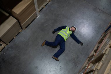 Warehouse Worker Has Work Related Accident Falls while Trying to Pick Up Cardboard Box from the Shelf. Injury at Work. clipart