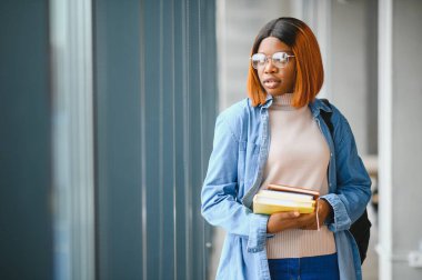 Öğrenci eğitimi, sınav hazırlığı, uzaktan öğrenme, eğitim konsepti. Güzel gülümseyen Afrikalı Amerikalı öğrenci.