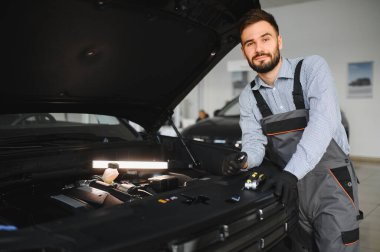 Sorun çözme süreci. Otomobil tamircisi garajda çalışıyor. Onarım servisi.