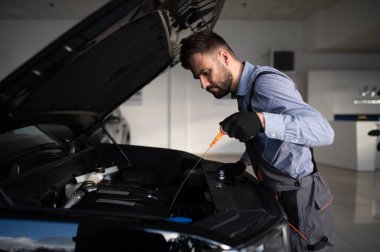 Modern araba tamirhanesinde arabalı dost canlısı bir tamirci. Profesyonel teknisyen araç kontrolü ve bakımını kontrol ediyor. Otomotiv endüstrisi ve müşteri hizmetleri kavramı.