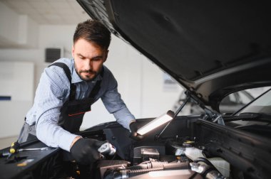 Modern araba tamirhanesinde arabalı dost canlısı bir tamirci. Profesyonel teknisyen araç kontrolü ve bakımını kontrol ediyor. Otomotiv endüstrisi ve müşteri hizmetleri kavramı.