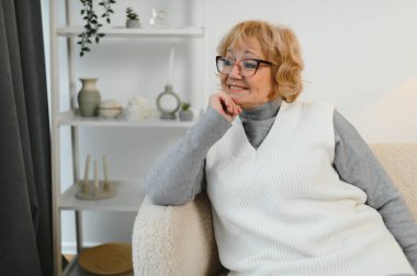 Rahatlatıcı yaşlı yaşlı kadın büyükannem oturma odasında kameraya bakıyor. Emeklilik konsepti.