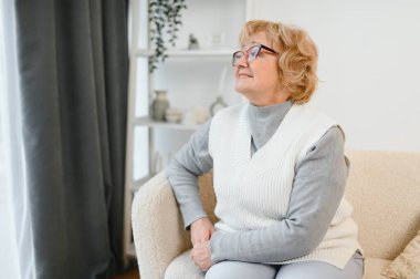 Rahatlatıcı yaşlı yaşlı kadın büyükannem oturma odasında kameraya bakıyor. Emeklilik konsepti.