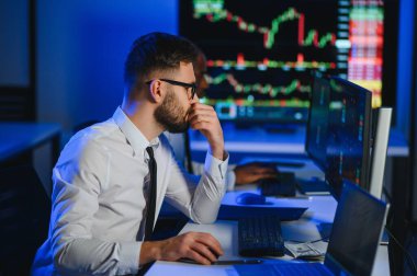 Bilgisayar ekranına bakan kripto tüccar yatırımcısı analizcisi bilgisayar ekranındaki finansal grafik verilerini analiz ediyor, online borsa ticaret yatırımları hakkında düşünüyor omuz manzarası üzerinden küresel riskler.