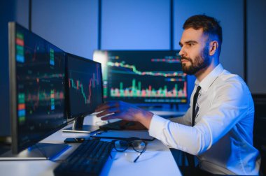 Bilgisayar ekranına bakan kripto tüccar yatırımcısı analizcisi bilgisayar ekranındaki finansal grafik verilerini analiz ediyor, online borsa ticaret yatırımları hakkında düşünüyor omuz manzarası üzerinden küresel riskler.