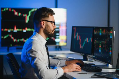 Bilgisayar ekranına bakan kripto tüccar yatırımcısı analizcisi bilgisayar ekranındaki finansal grafik verilerini analiz ediyor, online borsa ticaret yatırımları hakkında düşünüyor omuz manzarası üzerinden küresel riskler.