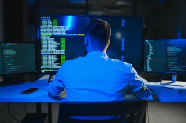 Akıllı yetenekli içe dönük testçinin fotoğrafı yazma işletim verisi güvenliği ofis karanlık odası