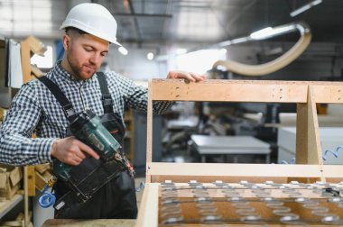 Marangoz, mobilya fabrikasında ahşap bir kanepe çerçevesi monte ederken pnömatik çivi tabancası kullanıyor.