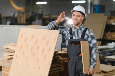 Marangoz güvenlik kaskı takıyor. Mobilya fabrikasında ahşap tahta tutarken tamam işareti gösteriyor. Arka planda tahta desteleri var.