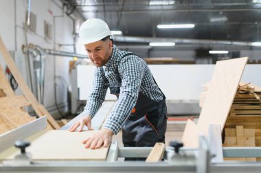 Marangoz kaskını ve tulumunu kuşanıp tahta paneli keserek mobilya fabrikasında çalışıyor.