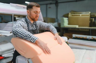 Marangoz mobilya fabrikasında kanepe yastığı montajı, döşenmiş mobilya üretim süreci