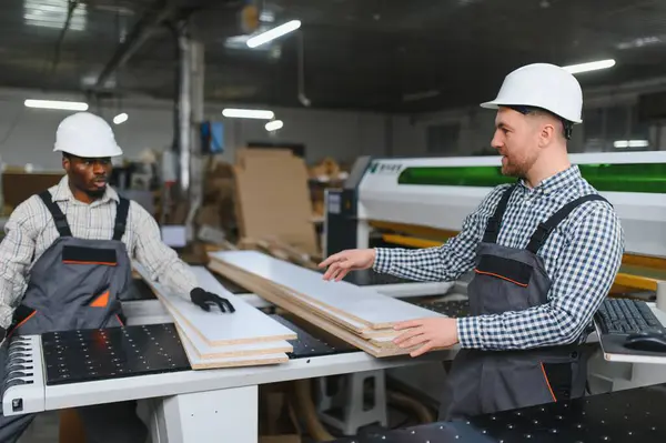 İki marangoz, hareketli bir mobilya fabrikası içinde, cnc makinesinin yanında ahşap tahtalar üzerinde iş birliği yapıyor. Yetenekli işçilik ve takım çalışması sergiliyorlar.